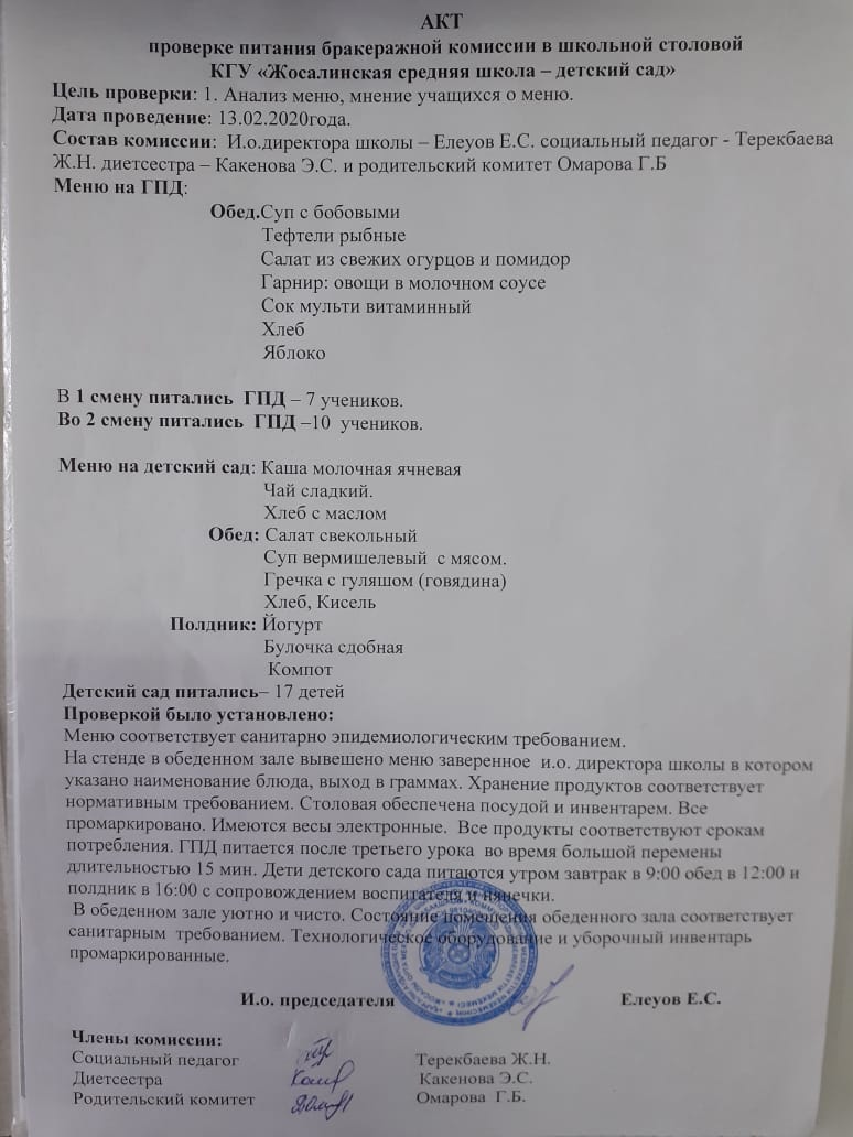 Акт проверки пищеблока в школе образец